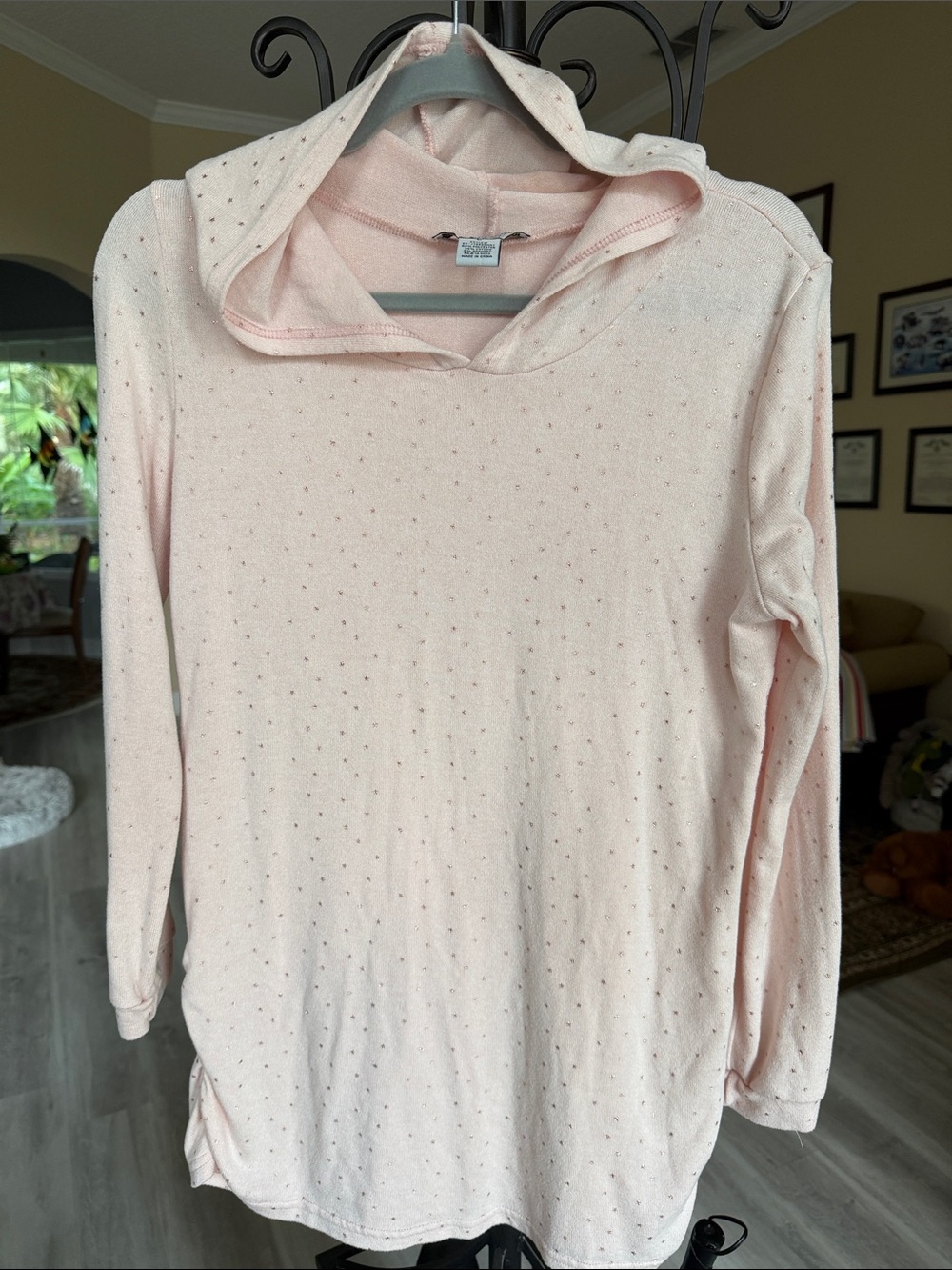 Light Pink Hooded Tunic Sweater - gold stars print